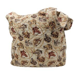 Vtg Quilted Tote Bag With Horse Print Design Reversible With Red Rope Pattern Ha